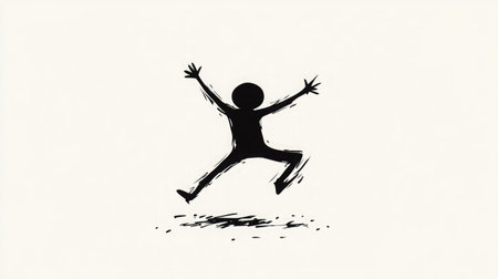 A playful silhouette of a person leaping joyfully with arms extended high against a soft light background, capturing the essence of freedom and happiness in a minimalistic design.の素材