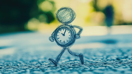 A whimsical illustration of a stick figure running with a clock for a head, creatively depicting the relationship between time, urgency, and life's journey in a fun way.の素材