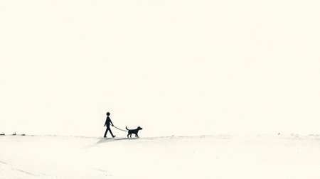 A serene silhouette of a person walking a dog against a minimalist landscape, illustrating the bond between pets and humans in a tranquil setting.の素材