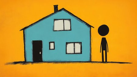 This illustration depicts a simplistic house and a stick figure on a bold yellow background, symbolizing themes of home, solitude, and creativity in a modern art style.の素材
