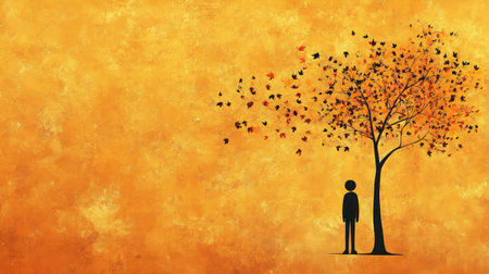 A captivating silhouette of a person stands under a colorful tree, surrounded by vibrant autumn leaves, set against a bright yellow background to evoke a sense of peace and beauty.の素材