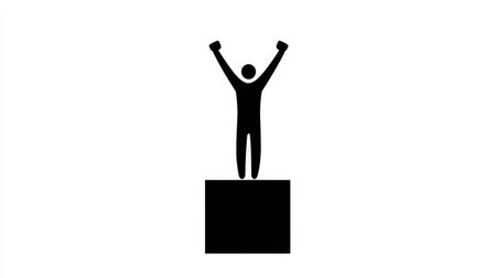 A unique silhouette depicting a person joyfully celebrating on a pedestal, arms raised in triumph, perfect for themes of victory, achievement, and motivation.の素材