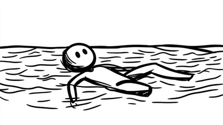 A minimalist line drawing of a figure floating on water, embodying relaxation and tranquility in a serene environment, perfect for conveying peace and leisure.の素材