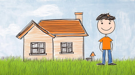 A cheerful boy stands next to a creatively illustrated house, surrounded by green grass under a bright blue sky, capturing the essence of childhood joy and imagination.の素材