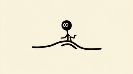 This minimalist illustration features a stick figure running on a smooth wavy line, embodying motion and energy, perfect for various creative and abstract projects.の素材