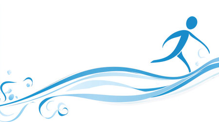 This abstract artwork features a stylized figure running on waves, surrounded by fluid lines and bubbles, representing energy, movement, and the joy of water activities.の素材