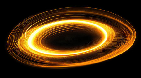 A captivating abstract image showcasing dynamic circular motion with vibrant golden light trails against a dark background, conveying energy and creativity.の素材
