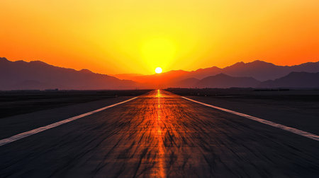A stunning sunset illuminates an empty airport runway, casting warm hues across the landscape and creating a tranquil setting perfect for travel lovers and photography enthusiasts.の素材
