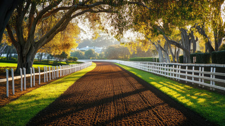 A stunning view of a tranquil equestrian pathway framed by lush trees, bathed in golden sunlight, perfect for leisure and outdoor activities in nature's beauty.の素材