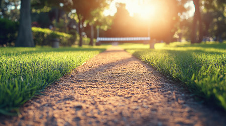 A tranquil scene featuring a dirt pathway bordered by lush green grass, illuminated by warm sunlight, inviting a peaceful stroll through a sunlit park.の素材