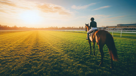 A rider on horseback admires a stunning sunrise, capturing the essence of outdoor adventure on a vibrant green racetrack filled with morning light.の素材