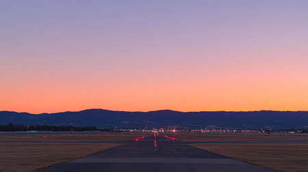 A picturesque view of an airport runway at twilight, showcasing glowing lights and a colorful horizon with mountains in the distance, creating a serene atmosphere.の素材