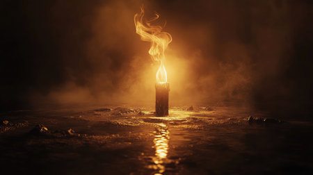 A mesmerizing candle burns in a dark setting, its flame casting a warm light through the mist, enhancing the tranquil atmosphere with reflections on the water surface.の素材