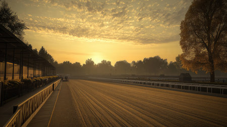A tranquil landscape capturing the serene moments of a sunrise at a horse racing track, featuring soft golden light, empty paths, and a peaceful atmosphere.の素材