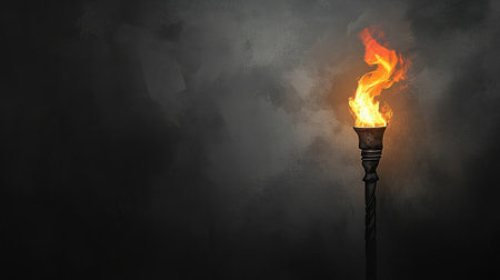 A beautifully illustrated torch with a vibrant flame stands against a dark, textured background, creating a mood of warmth and intrigue. Perfect for themes of hope and enlightenment.の素材