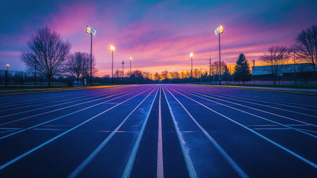 A captivating image of a running track at sunset, showcasing vibrant colors in the sky with floodlights illuminating the field and surrounding trees. Perfect for sports-related themes.の素材