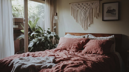 Discover a cozy and serene bedroom filled with natural light, featuring soft textiles, indoor plants, and an elegant macrame wall hanging, perfect for relaxation and comfort.の素材