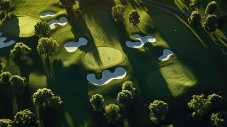 Experience a breathtaking aerial perspective of a vibrant golf course, highlighting meticulous bunkers and the serene beauty of nature during golden hour. Perfect for golf enthusiasts.の素材