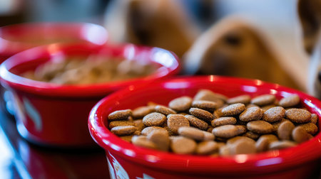A captivating scene featuring red bowls brimming with nutritious dog food, as dogs curiously await their meal in a cozy indoor environment, capturing the essence of pet companionship.の素材