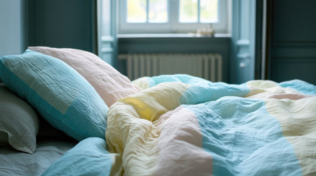 A serene bedroom setting featuring a colorful quilt and soft pillows. The pastel tones create an inviting atmosphere, perfect for relaxation and comfort in a cozy home environment.の素材