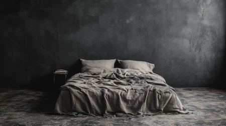 A serene bedroom scene featuring a cozy bed with earthy-toned bedding, complemented by a dark textured wall and a simple nightstand, ideal for modern living inspiration.の素材