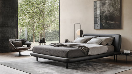 A stylish, modern bedroom featuring a cozy bed and an elegant armchair, bathed in natural light, creating a peaceful and inviting atmosphere with contemporary decor.の素材