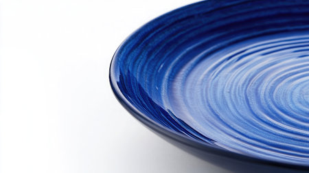 A close-up view of an elegant blue plate featuring swirling patterns and smooth edges. Perfect for enhancing culinary presentations and stylish table settings.の素材