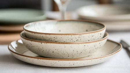 This image showcases a beautifully arranged table setting with handcrafted ceramic bowls and plates, highlighting minimalist design and earthy tones for a cozy dining atmosphere.の素材