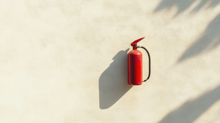 This image features a red fire extinguisher mounted on a beige wall, emphasizing the importance of fire safety. The shadow adds depth to a scene focused on preparedness.の素材