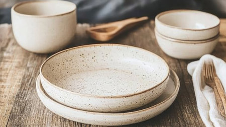 Discover an elegant rustic table setting showcasing unique ceramic dinnerware, textured plates, and bowls, perfect for creating a cozy dining experience in any home setting.の素材