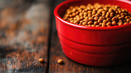 A visually appealing close-up of a vibrant red bowl filled with small dry pet food pellets, placed on a rustic wooden surface, illustrating pet care and nutrition.の素材
