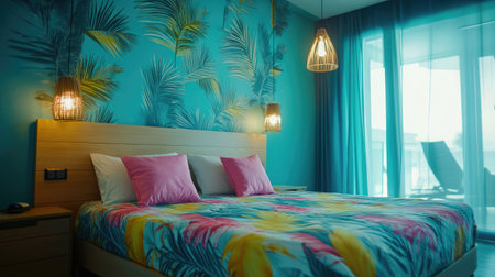 This bright and inviting bedroom features tropical decor, a colorful palm leaf mural, and cozy bedding, perfect for a serene and stylish retreat.の素材