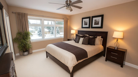 This inviting bedroom features a modern design with natural light streaming through a large window, creating a warm and cozy atmosphere perfect for relaxation or comfort.の素材