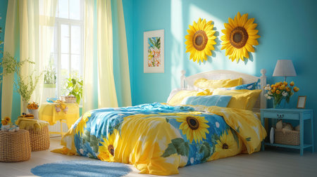 A bright and cheerful bedroom filled with sunflower accents and yellow tones. The light blue walls enhance the sunny ambiance, creating a cozy and inviting space.の素材
