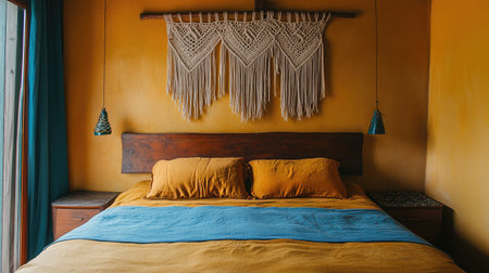 Discover a serene and inviting bedroom featuring warm yellow walls, stylish macramの素材