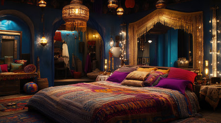 Experience the warmth and vibrancy of a bohemian bedroom filled with intricate textiles, ambient lighting, and artistic decor, creating a tranquil and inviting retreat.の素材