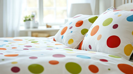Brighten your space with this cheerful bedding set featuring colorful polka dots on soft fabric, perfect for creating a cozy and inviting atmosphere in any bedroom.の素材