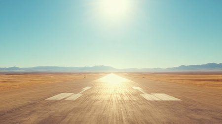 A breathtaking view of a desert road stretching towards the horizon, bathed in sunlight, encapsulating the beauty and tranquility of nature's vastness.の素材