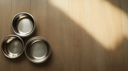 A serene and minimalist view of three silver bowls positioned on a light wooden surface, featuring soft natural light and intriguing shadows, ideal for cooking or dining themes.の素材