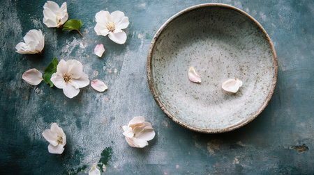 A serene composition featuring cherry blossom petals scattered around a rustic blue plate, set against a textured background, perfect for artistic and decorative inspiration.の素材