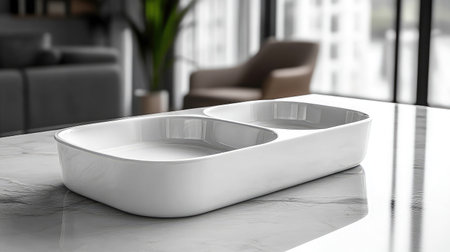 A stunning white ceramic serving dish set on a sleek marble table, illuminated by natural light, embodying modern elegance and simplicity in a stylish interior environment.の素材