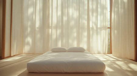 A bright and airy minimalist bedroom featuring soft white bedding, large windows draped with sheer curtains, and a serene atmosphere that encourages relaxation and comfort.の素材