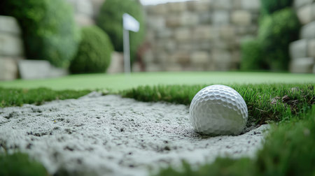 A close-up view of a golf ball positioned in a sand trap on a well-maintained golf course, showcasing lush greenery and a serene outdoor environment ideal for sport.の素材