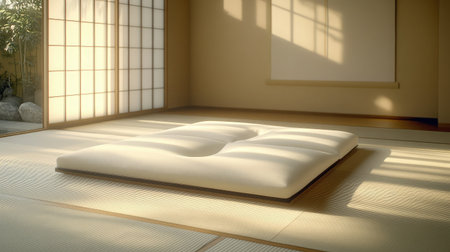 A serene Japanese bedroom featuring a soft futon on tatami flooring. Natural light fills the space through shoji windows, creating a calm and peaceful atmosphere.の素材