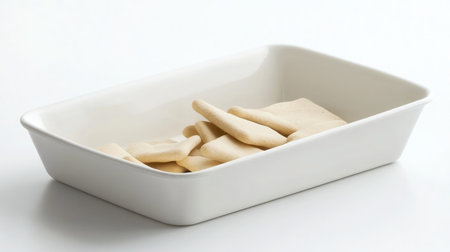 A simple and elegant white ceramic dish showcases assorted plain crackers, ideal for culinary presentations, minimalist dining concepts, or creative food photography.の素材