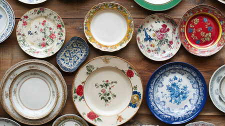 A beautiful collection of vintage plates featuring intricate floral patterns and colorful designs, artfully arranged on a rustic wooden table for a charming dining experience.の素材