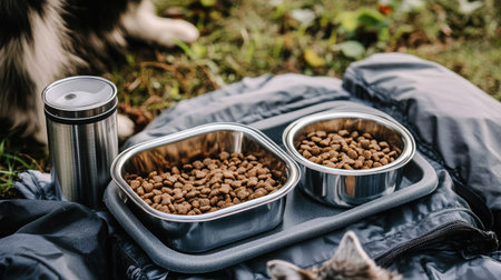Enjoy a relaxing outdoor moment with fresh dog food in stylish stainless steel bowls on a picnic blanket, complemented by a thermos, perfect for pet owners and nature enthusiasts.の素材