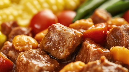 A close-up view of hearty beef stew filled with tender meat chunks, fresh vegetables, and vibrant cherry tomatoes, paired with creamy corn for a delightful meal experience.の素材