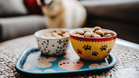 Two colorful bowls filled with dog treats sit on a decorative tray, creating a warm atmosphere in a living room. A furry friend is blurred in the background.の素材