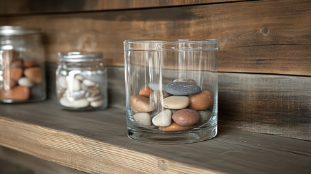A clear glass container filled with assorted smooth stones rests on a rustic wooden shelf, enhancing the natural beauty and tranquility of any living space or decor setting.の素材